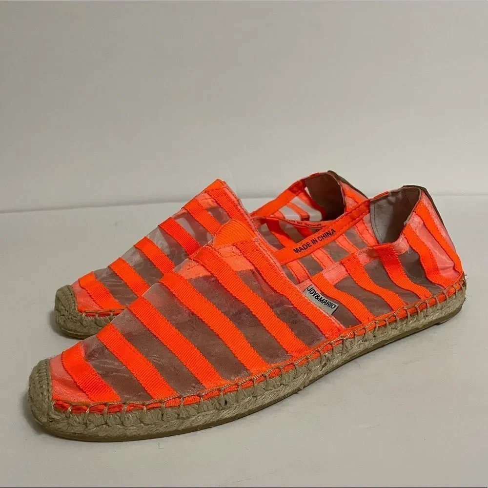 Jay & Mario Neon Orange Striped Sheer Mesh Slip On Espadrilles Size 8 New